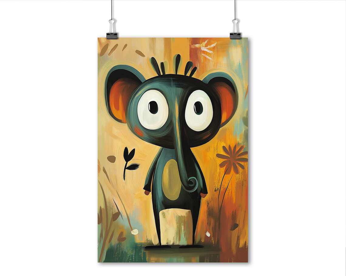 Quirky Big Eyed Elephant Whimsical Orange Oil Painting Animal Poster - Image 5