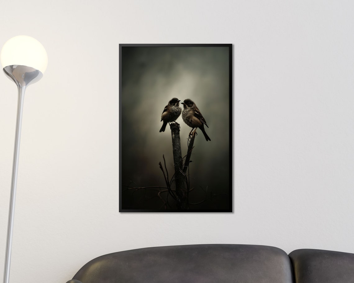 Two Sparrows Dark Moody Branch Intimate Nature Bird Pair Poster