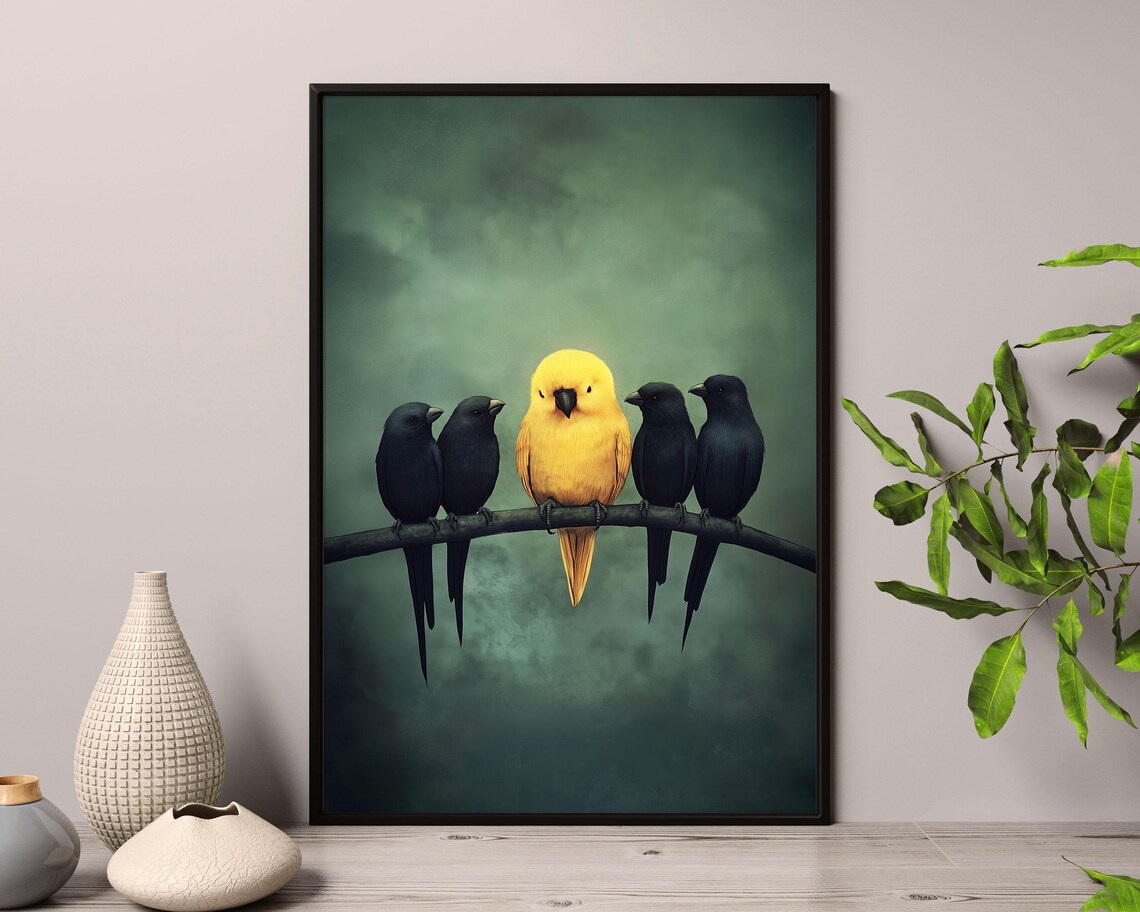 Yellow Bird Among Black Birds On Branch Moody Minimal Art Poster - Image 4
