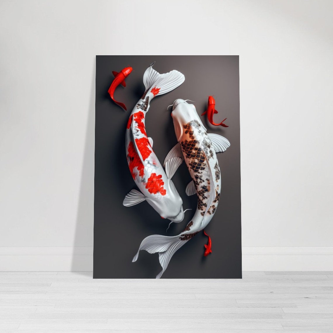 Two Koi Fish Red White Black Dark Gray Zen Aquatic Art Print - Image 3