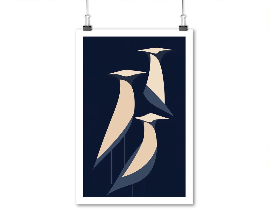 Minimalist Geometric Birds On Navy Scandinavian Abstract Art Poster - Image 5