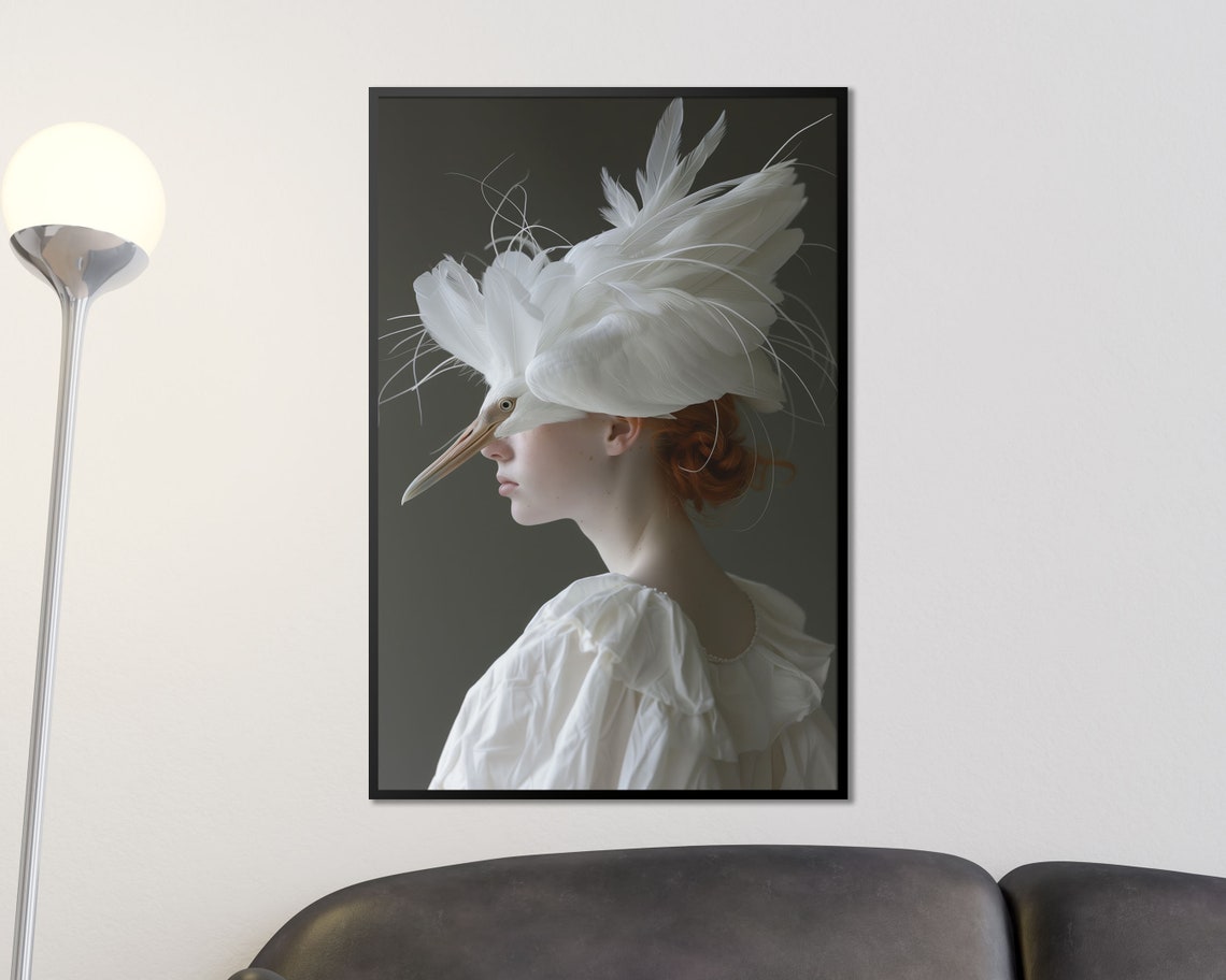 Surreal Woman Portrait Egret Feather Headdress Fashion Wall Art