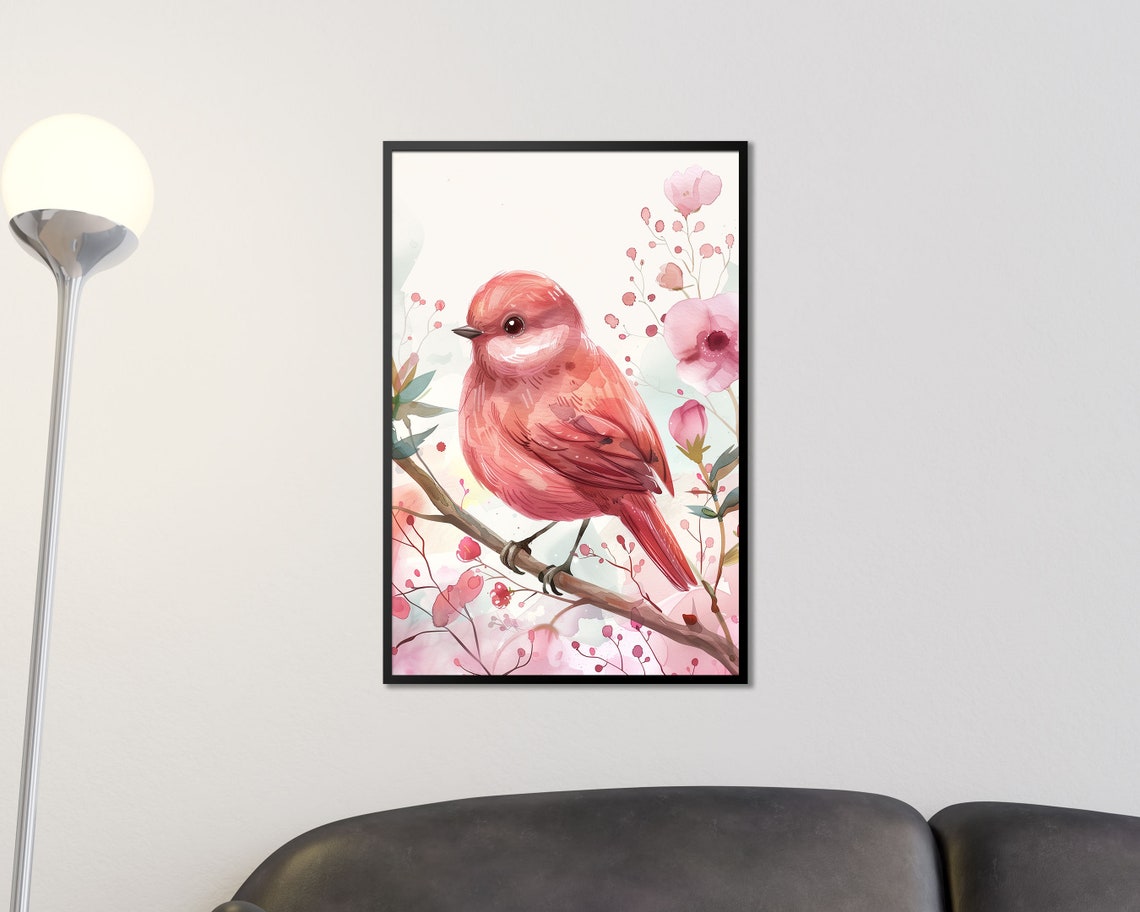 Pink Bird On Blossom Branch Watercolor Pastel Floral Wall Art Print