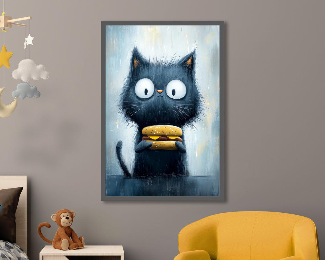 Black Cat Holding Cheeseburger Funny Whimsical Kitchen Art Poster
