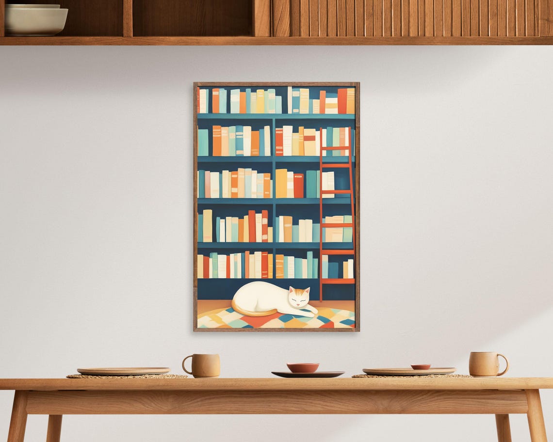 Sleeping Cat In Front Of Colorful Bookshelf Cozy Library Art Poster - Image 4