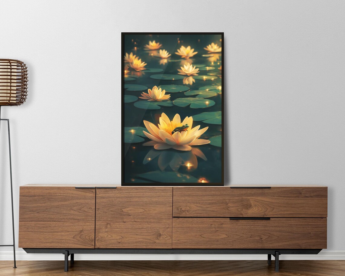 Green Frog On Glowing Water Lily Night Pond Magical Art Poster - Image 4