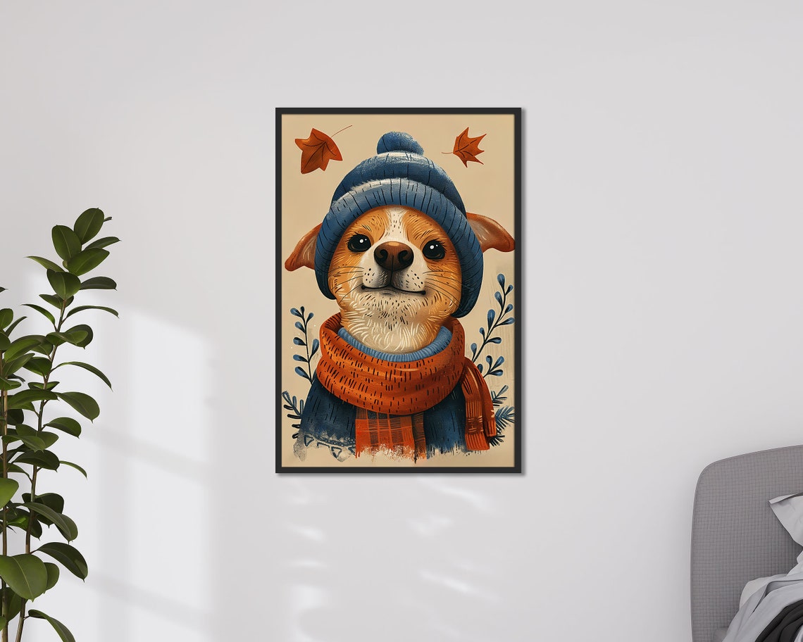 Cute Dog In Blue Knit Hat And Orange Scarf Autumn Wall Art Print - Image 4