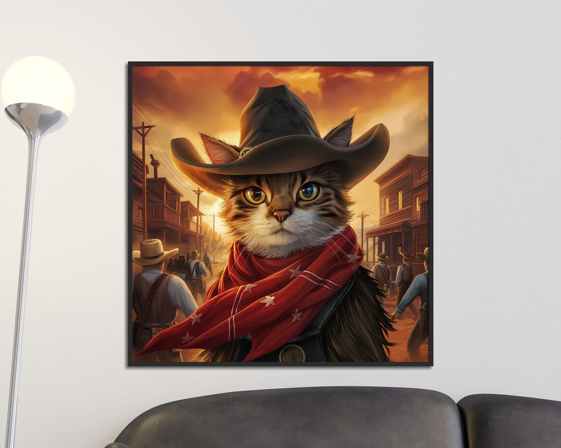 Cowboy Cat In Wild West Town Sunset Western Hat Bandana Funny Cat Poster - Image 2