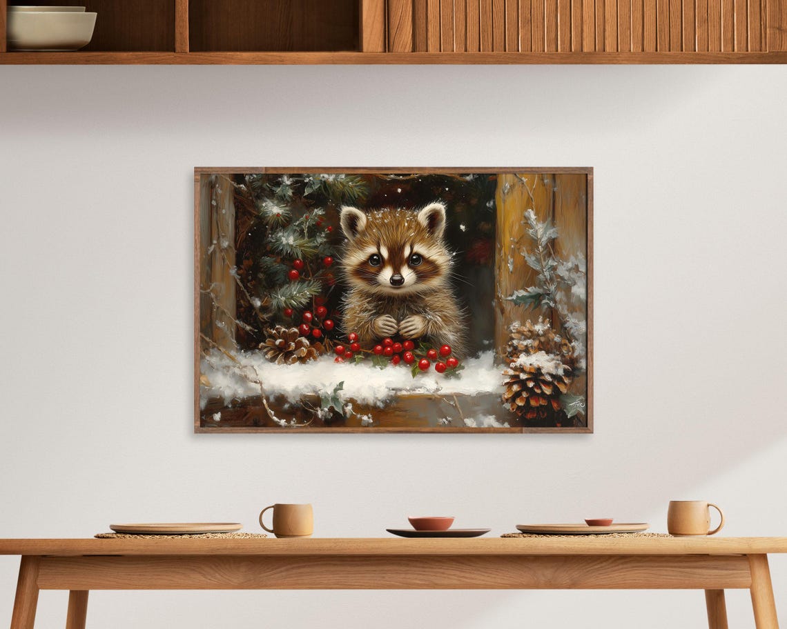 Raccoon Peeking Through Snowy Window With Red Berries Art Poster