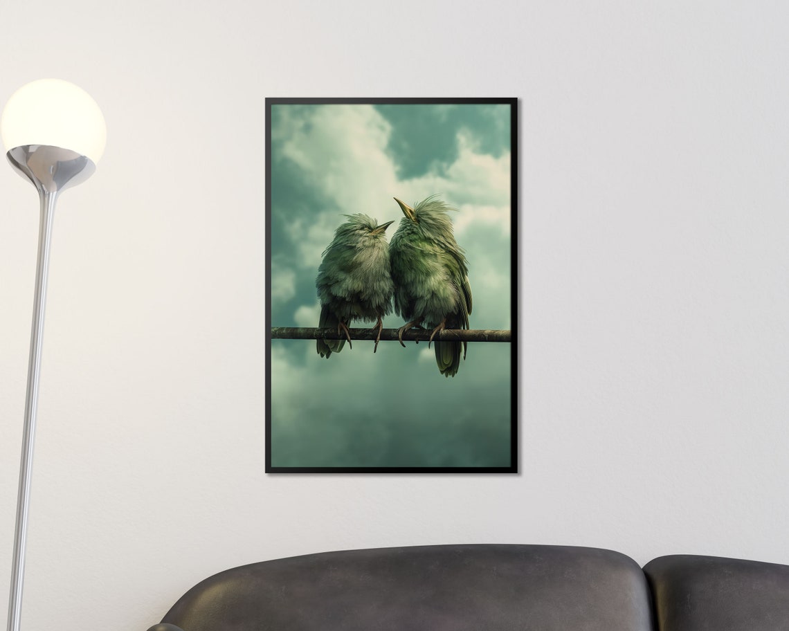 Fluffy Bird Pair Teal Clouds Dreamy Serene Nature Bird Wall Art