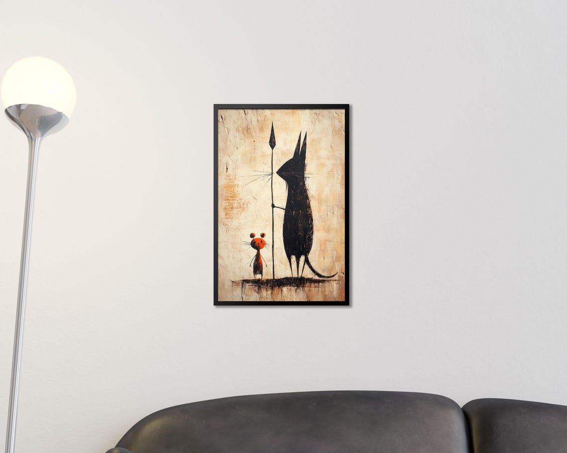Primitive Cat And Mouse Cave Painting Rustic Minimal Art Poster - Image 2