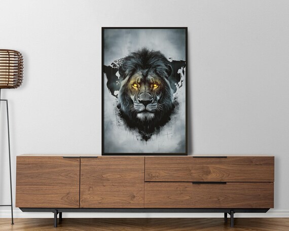 Majestic Lion With Glowing Golden Eyes Dark Dramatic Art Poster