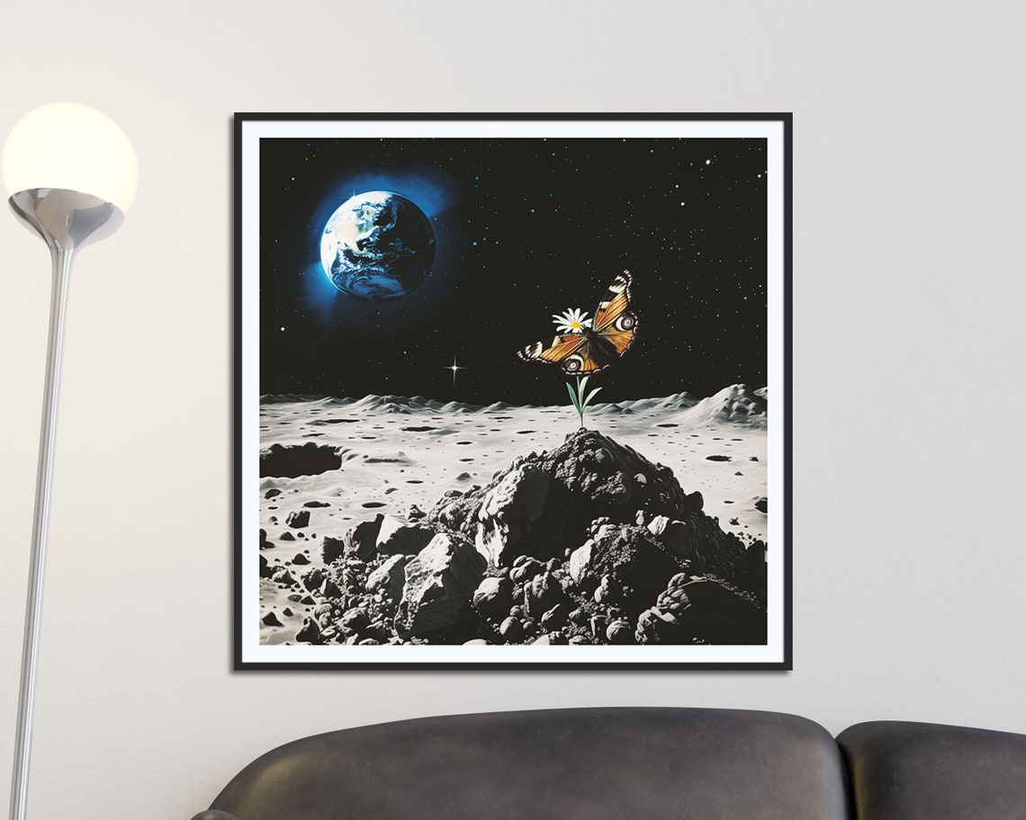 Butterfly On The Moon With Earth Glow Surreal Space Scene Poster