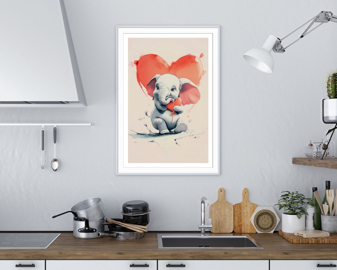 Baby Elephant With Red Heart Balloons Watercolor Love Art Poster - Image 2