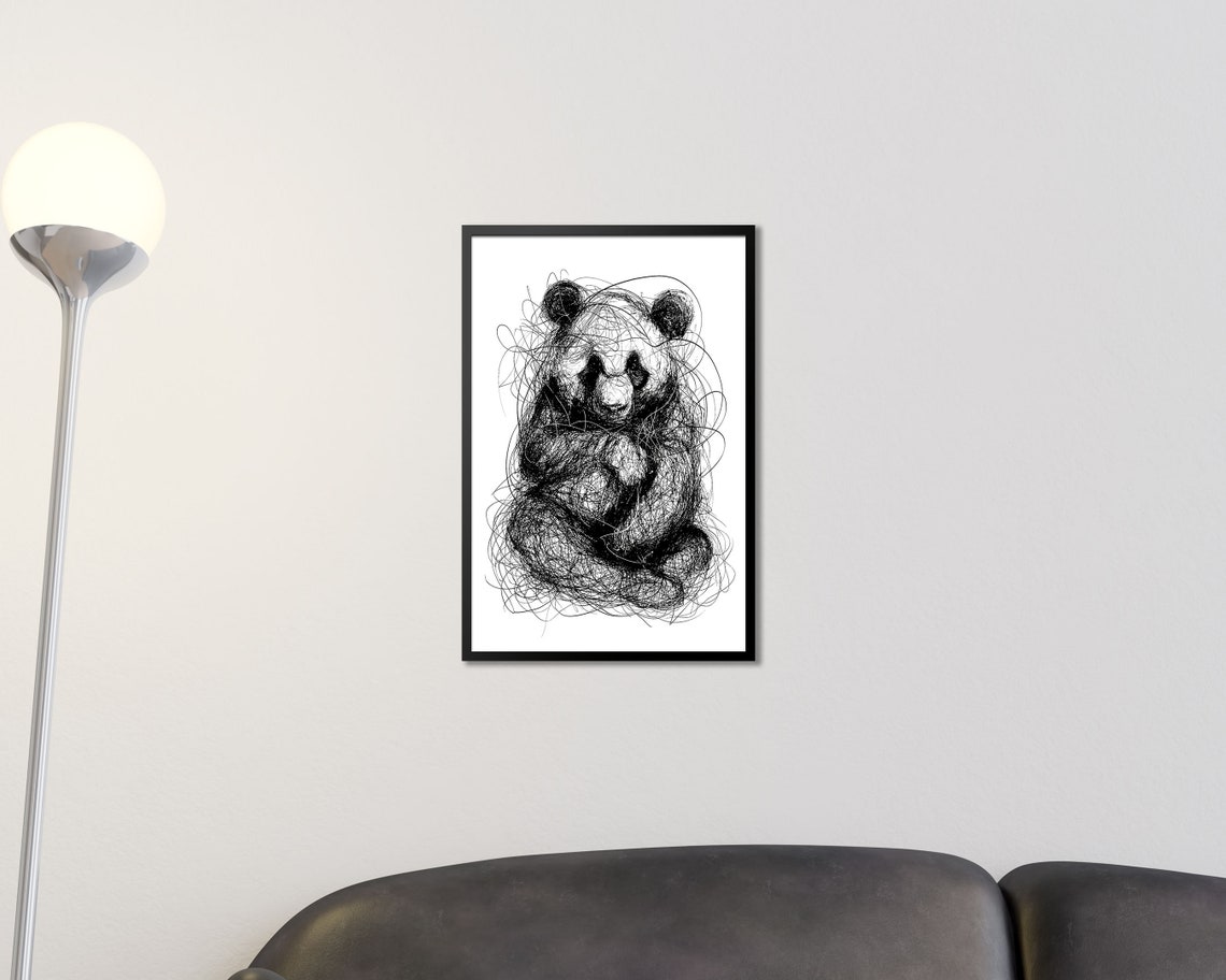 Sitting Giant Panda Scribble Art Black And White Line Drawing Print - Image 4