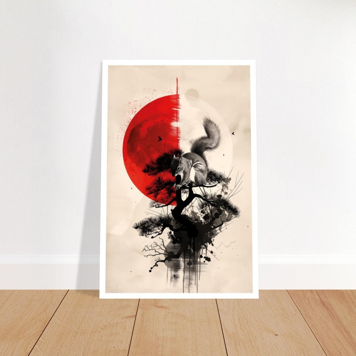 Squirrel Red Sun Pine Tree Ink Wash Japanese Style Wildlife Art Poster