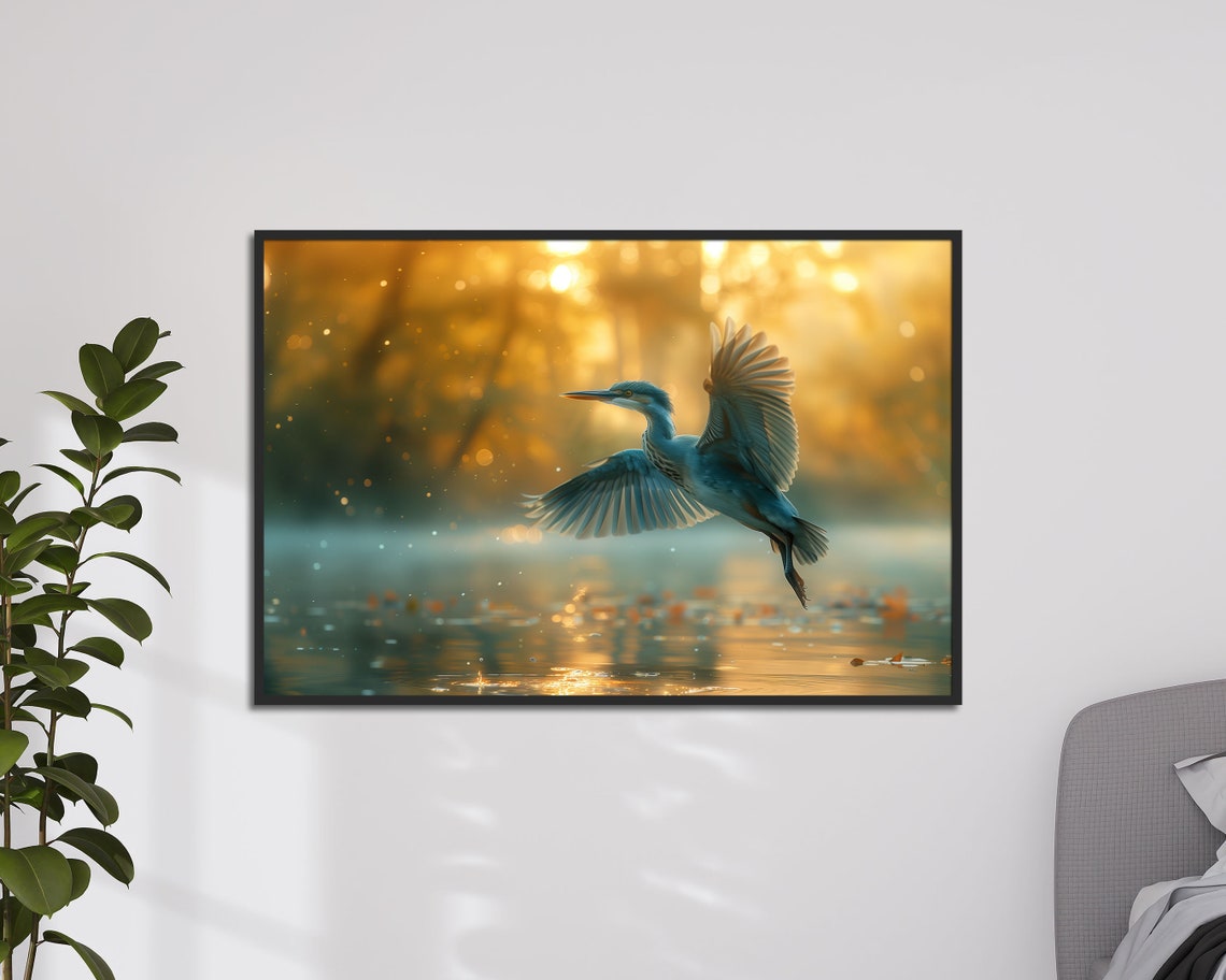 Grey Heron Flying Over Golden Sunset Water Wildlife Wall Art Print - Image 4