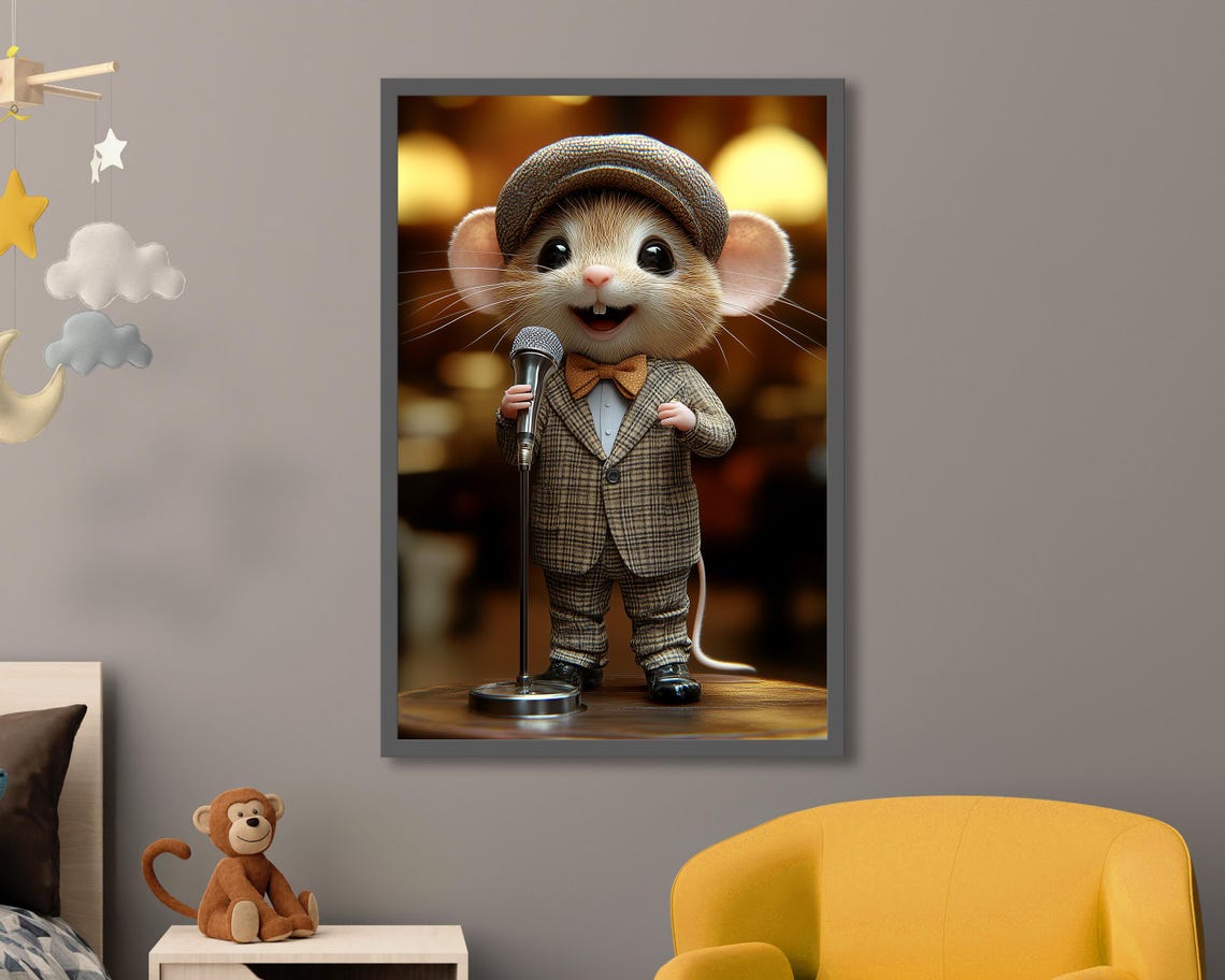 Singing Mouse In Suit With Microphone Whimsical Music Art Poster