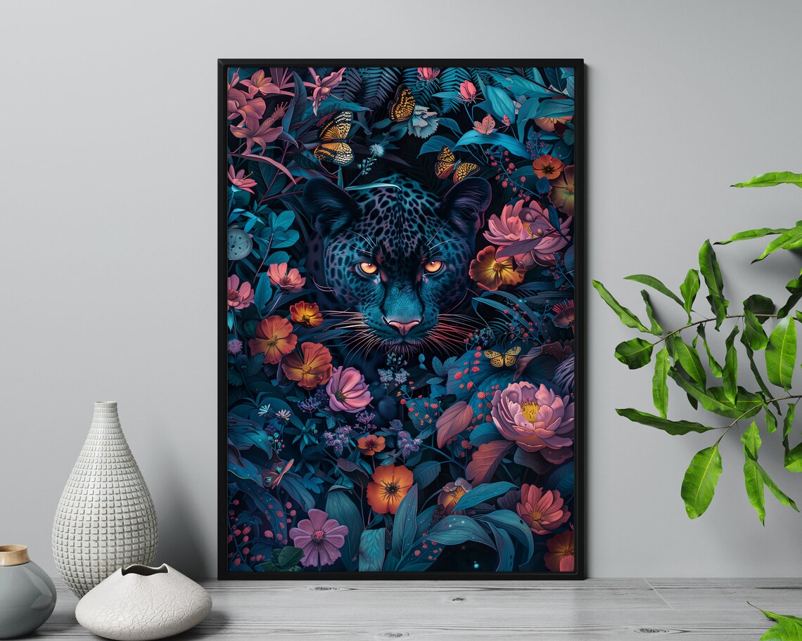 Enigmatic Black Panther In Tropical Flowers Mystical Jungle Cat Art Print - Image 5