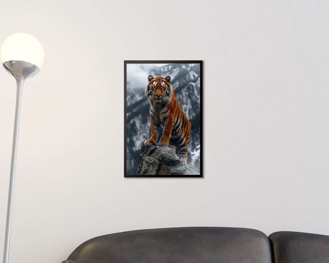 Majestic Tiger On Rocky Cliff Snowy Mountain Wildlife Nature Poster - Image 2