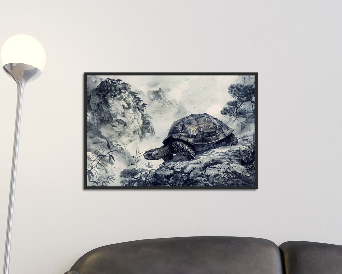 Mystical Tortoise Japanese Ink Wash Mountain Landscape Zen Art Poster - Image 3