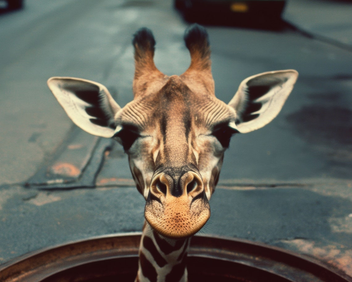 Giraffe Popping From New York City Manhole Street Scene Funny Poster - Image 2