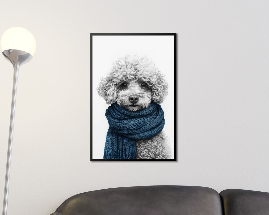 White Poodle Puppy Wearing Navy Blue Knit Scarf Portrait Poster