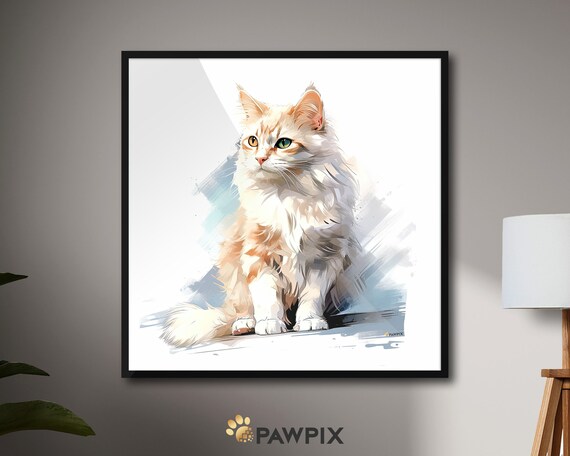 Fluffy White Cat Watercolor Minimalist Portrait Whimsical Feline Art Poster