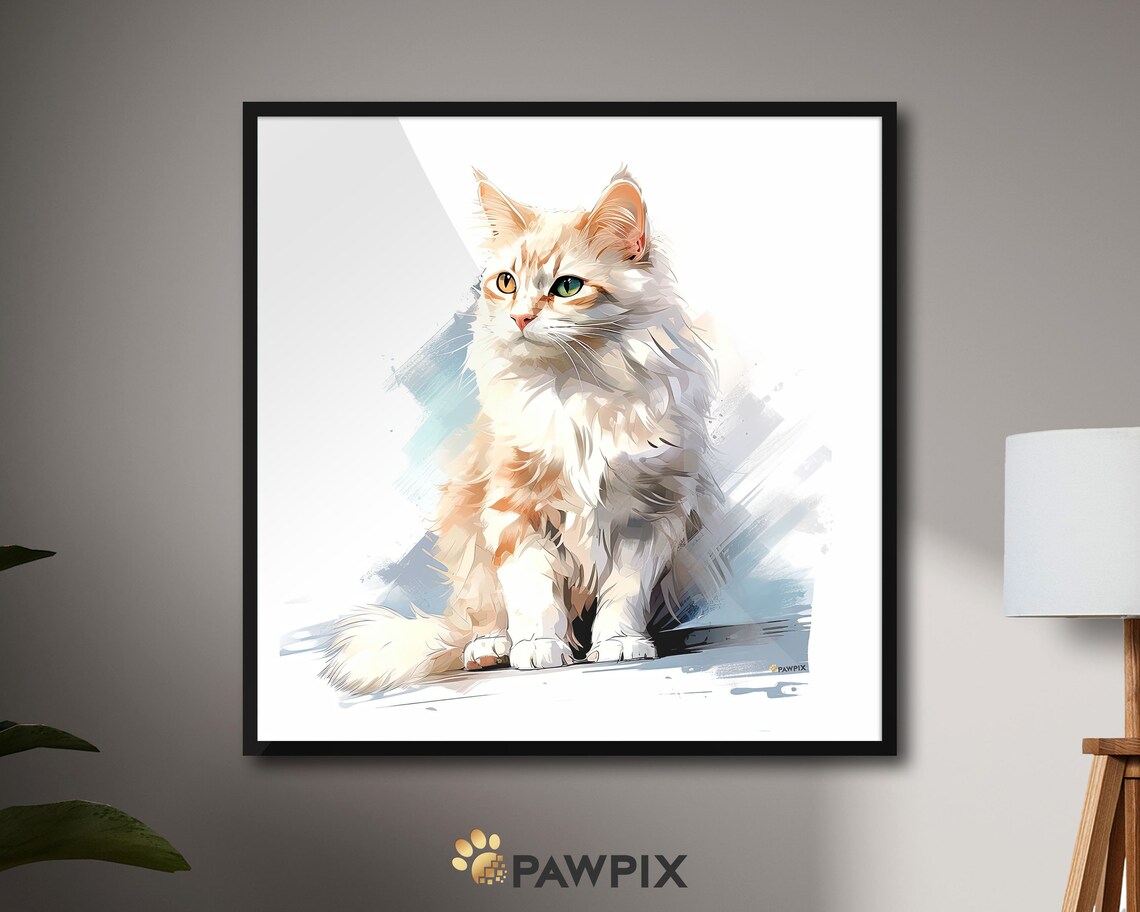 Fluffy White Cat Watercolor Minimalist Portrait Whimsical Feline Art Poster