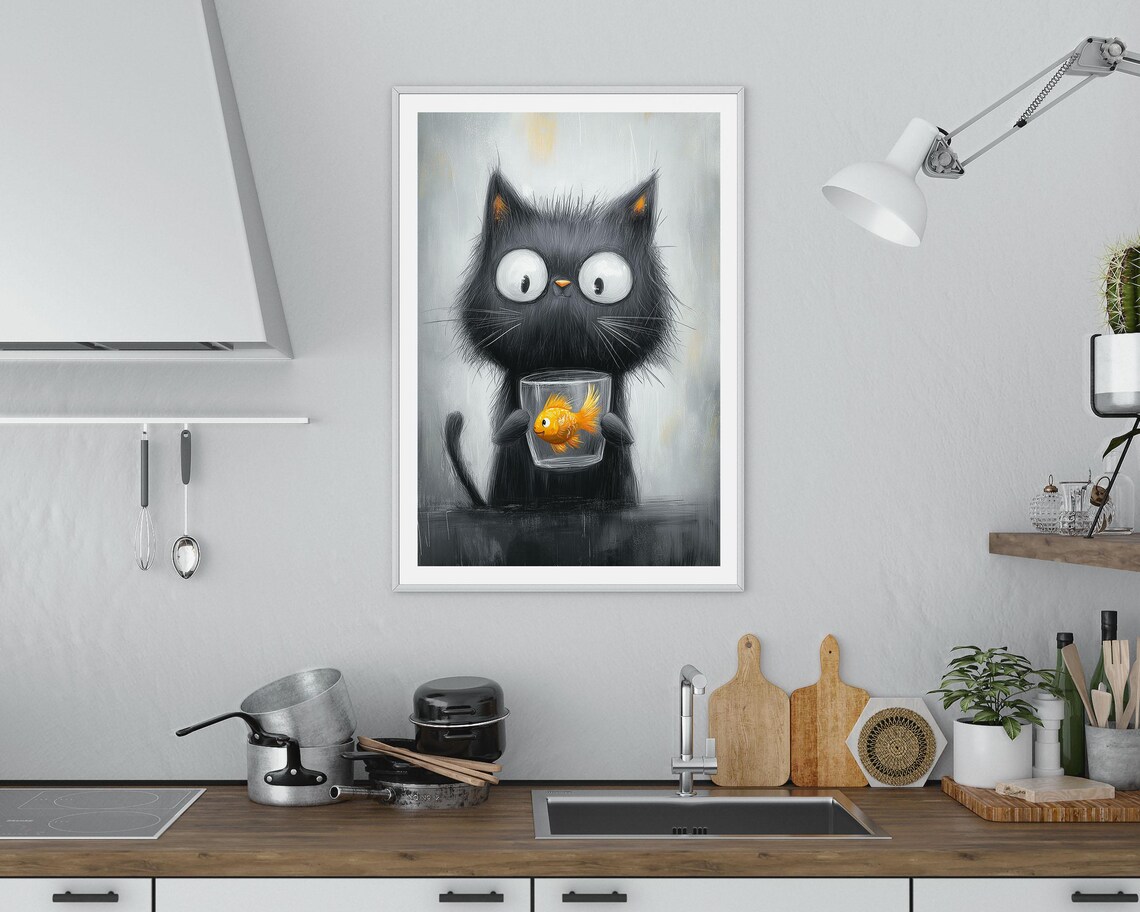 Mischievous Black Kitten Holding Goldfish Bowl Cute Cat Art Poster - Image 4