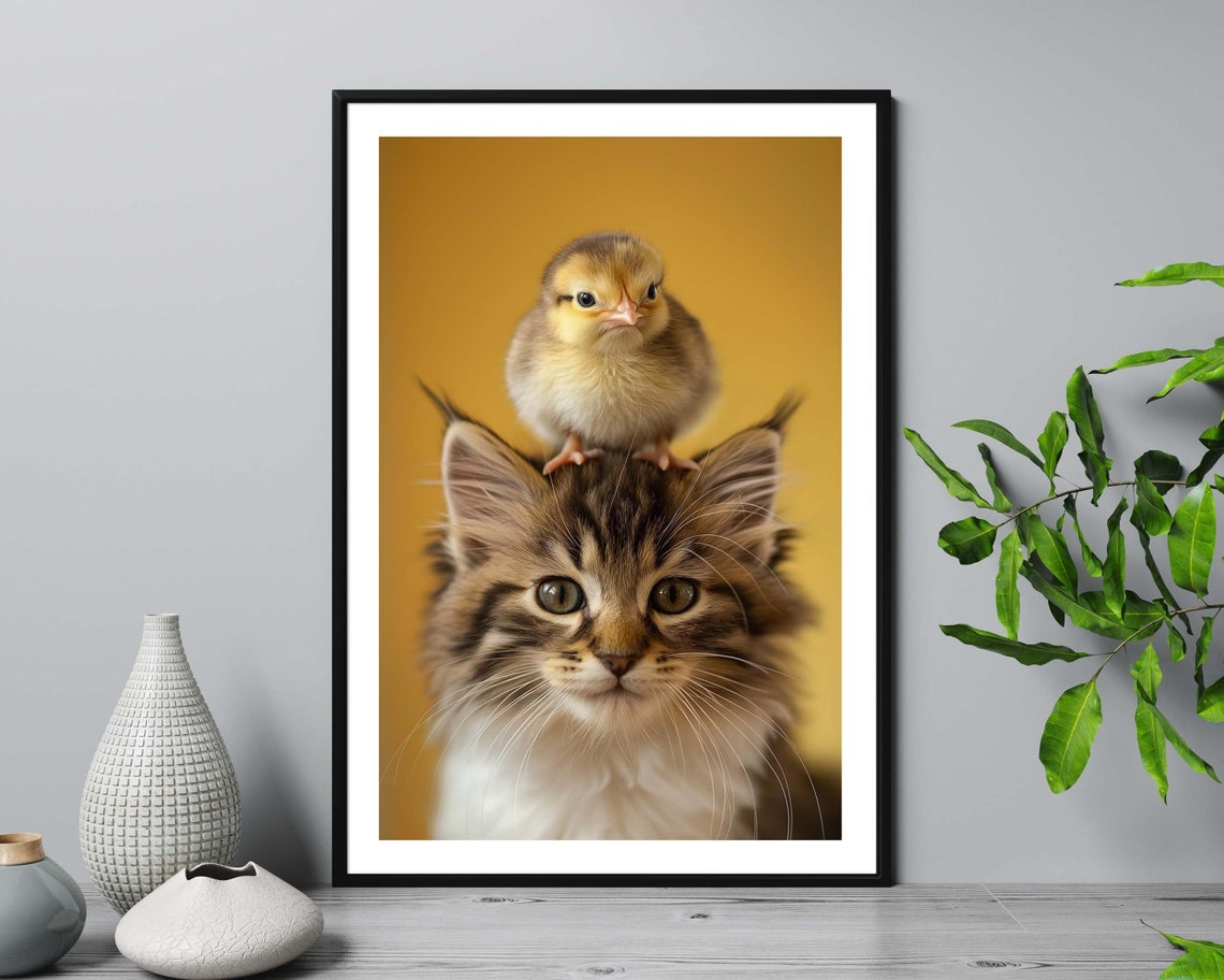 Adorable Kitten With Baby Chick On Head Cute Animal Wall Art Print - Image 4