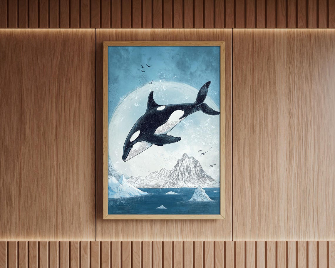 Orca Whale Leaping Over Arctic Ice Moonlit Ocean Illustration Poster - Image 3