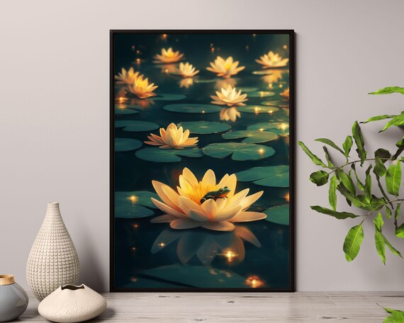 Green Frog On Glowing Water Lily Night Pond Magical Art Poster