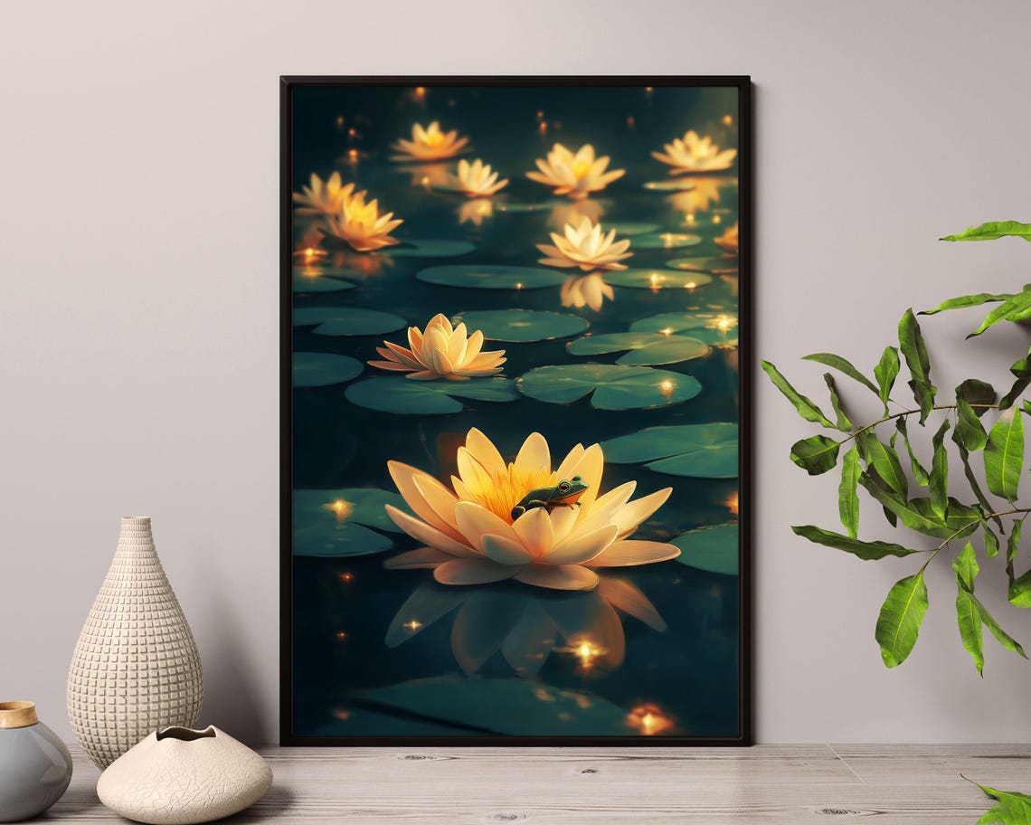 Green Frog On Glowing Water Lily Night Pond Magical Art Poster