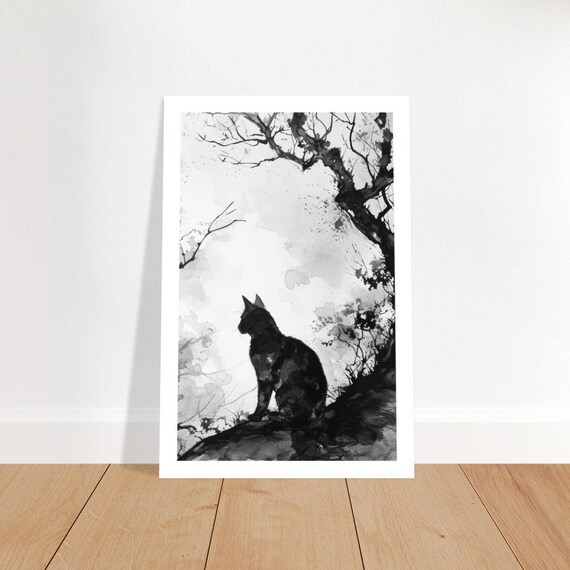 Chat Noir 7 Solitary Black Cat Twisted Tree Zen Ink Wash Minimalist Poster