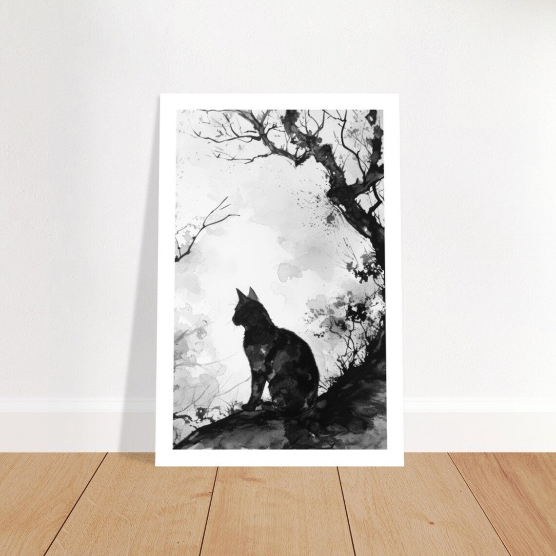 Chat Noir 7 Solitary Black Cat Twisted Tree Zen Ink Wash Minimalist Poster