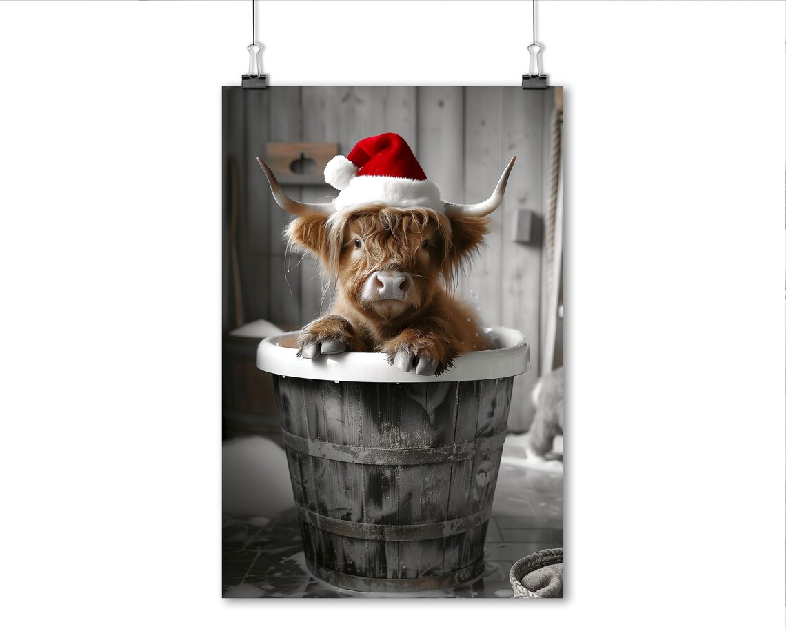 Highland Cow In Santa Hat Sitting In Wooden Barrel Christmas Poster - Image 6