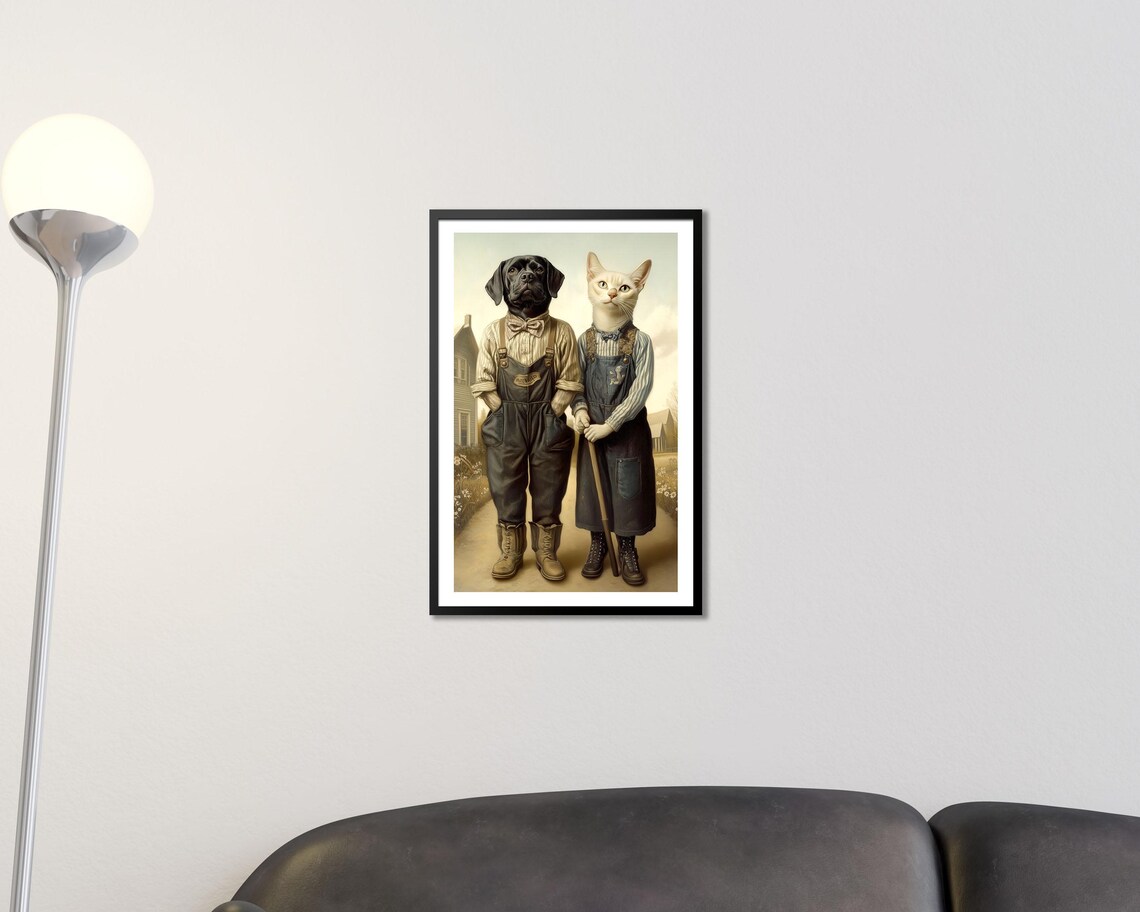 Dog And Cat In Overalls Vintage American Gothic Farm Art Poster - Image 2