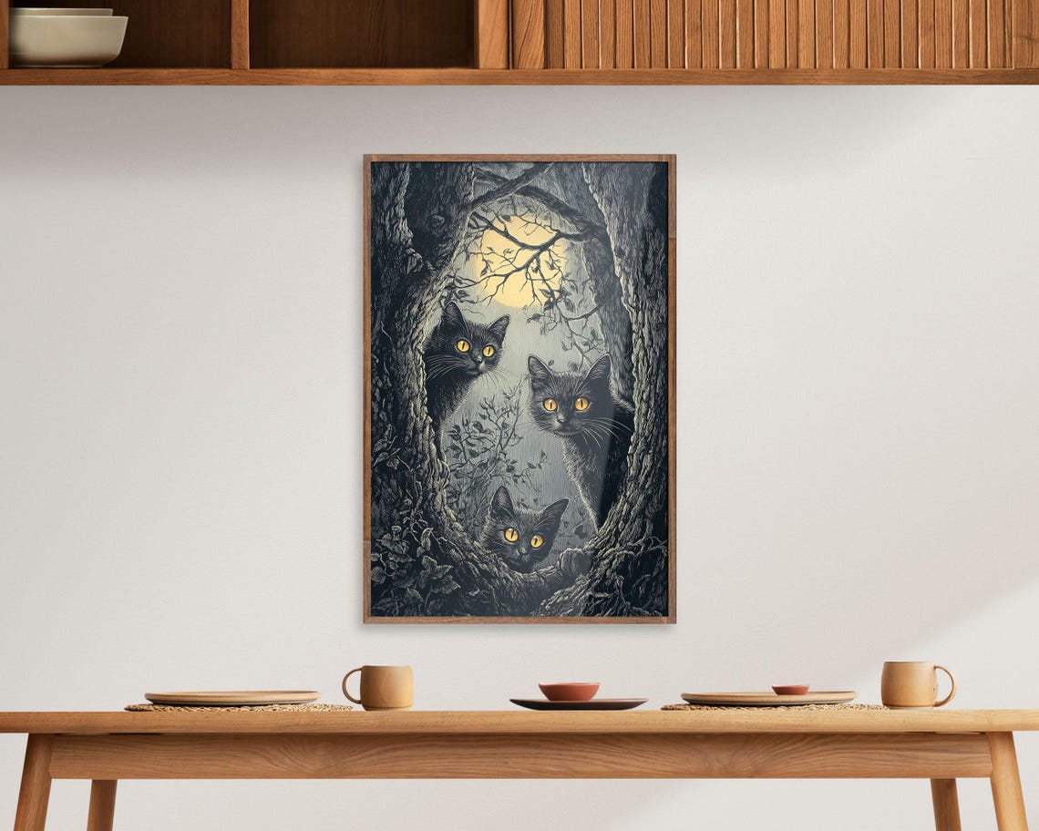 Three Black Cats With Glowing Eyes Moonlit Forest Art Poster - Image 4