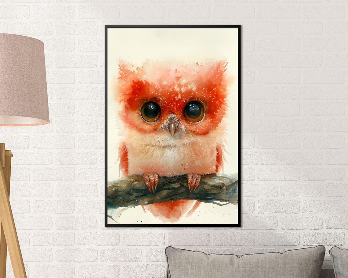 Fluffy Coral Owl Baby Watercolor Branch Cute Nursery Wall Art - Image 4