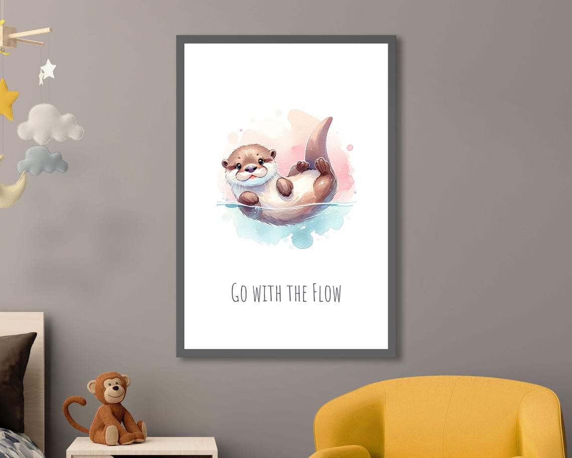 Go With The Flow Baby Otter Floating Pastel Watercolor Nursery Poster