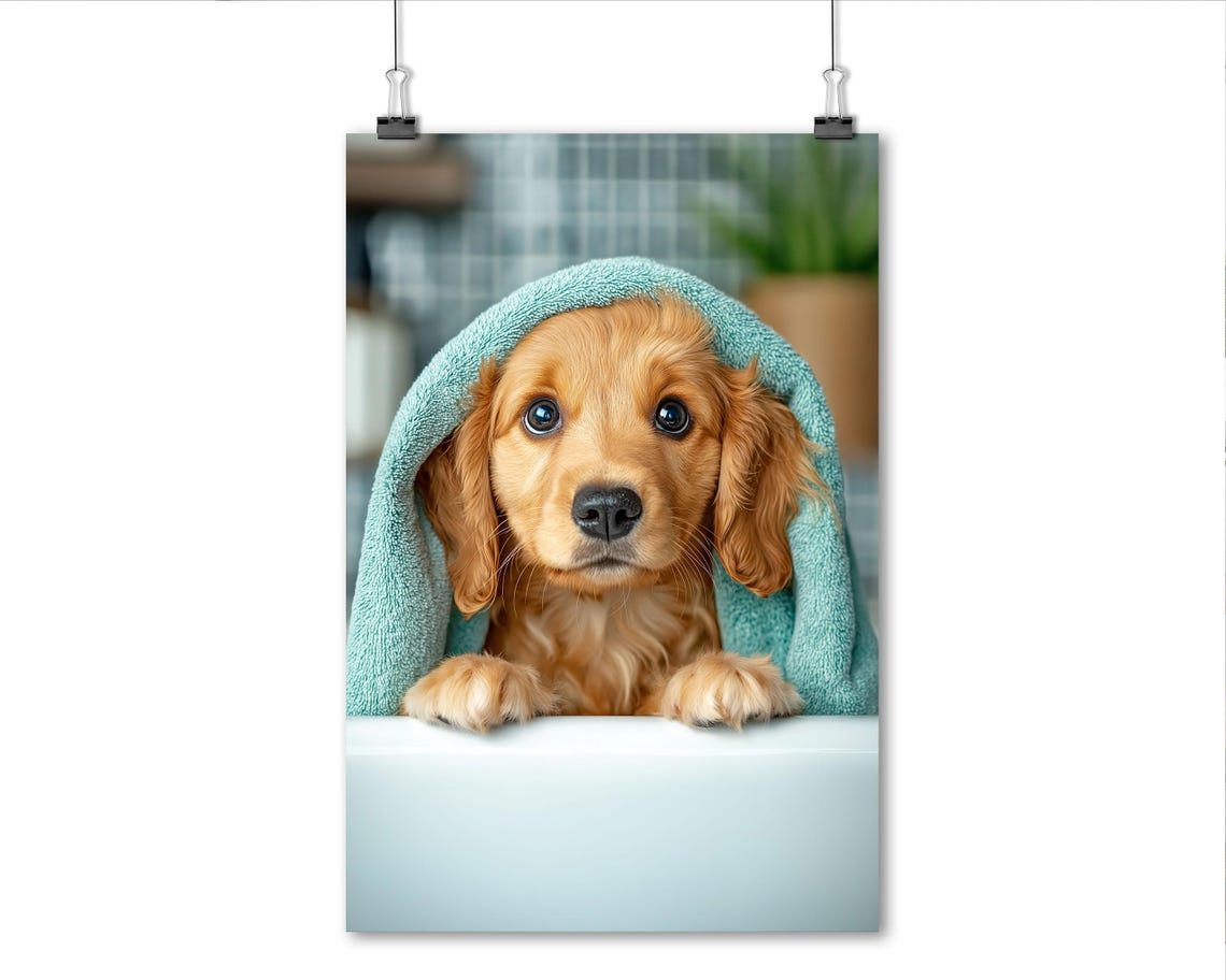 Golden Cocker Spaniel Puppy Bath Time Towel Cute Bathroom Art Poster - Image 6