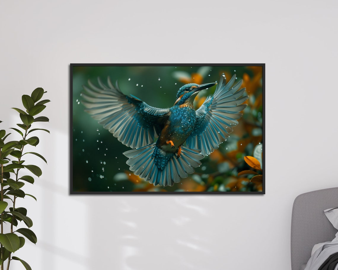 Kingfisher In Flight Water Droplets Vibrant Birdwatcher Nature Poster - Image 2