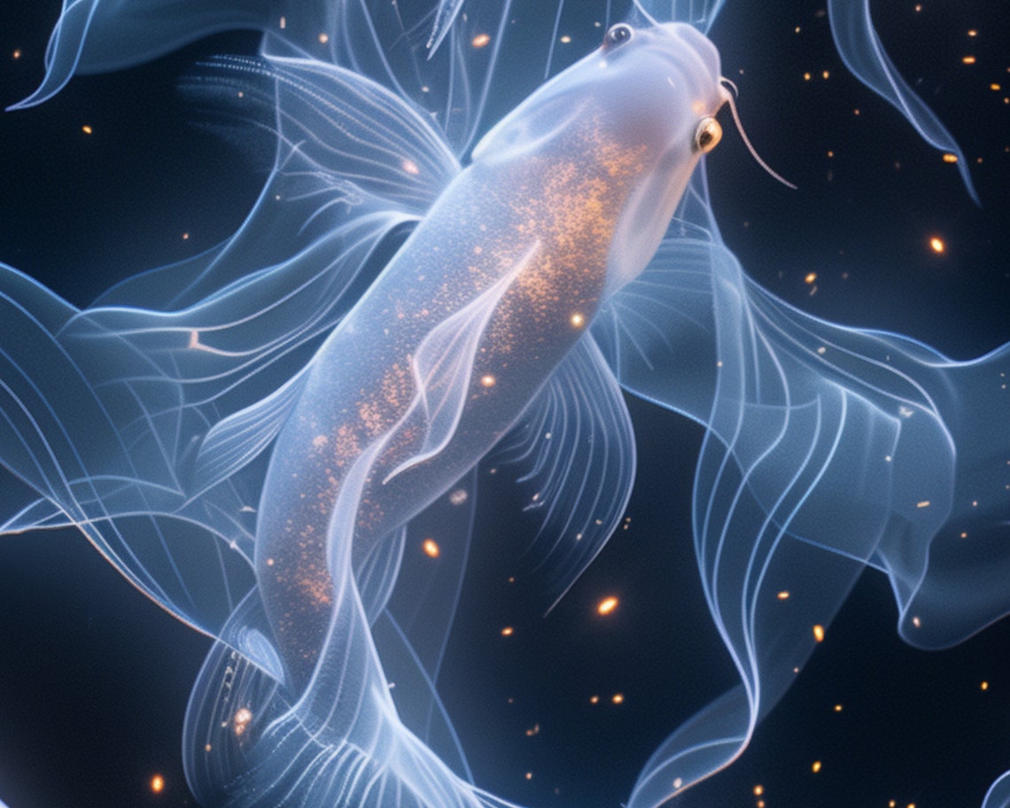 Ethereal White Koi Fish Swimming Black Background Gold Zen Art Print - Image 5
