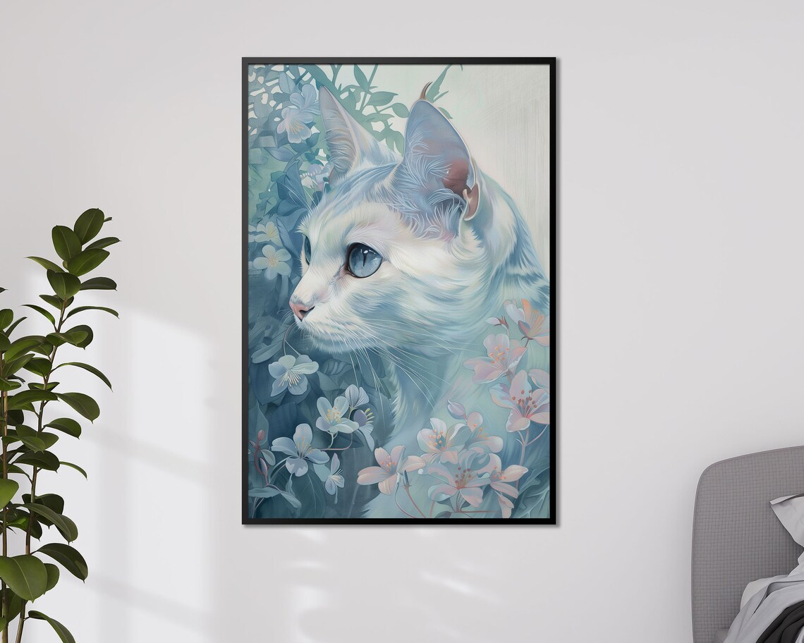 Elegant White Cat Among Blue Moonflowers Serene Floral Feline Art Print