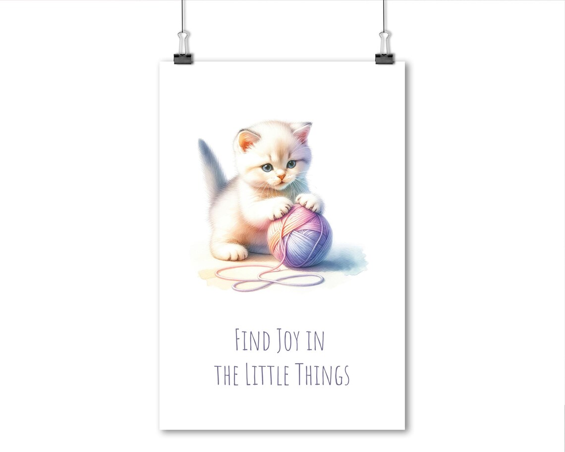 Find Joy In The Little Things White Kitten Yarn Ball Pastel Nursery Poster - Image 4