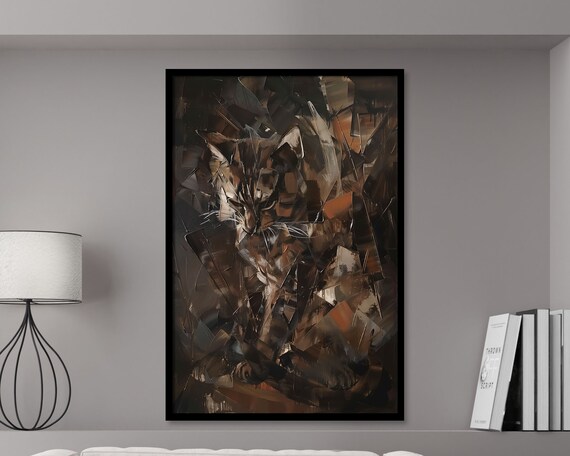 Cat Abstract Dark Bronze Oil Painting Curled Feline Moody Wall Art Poster