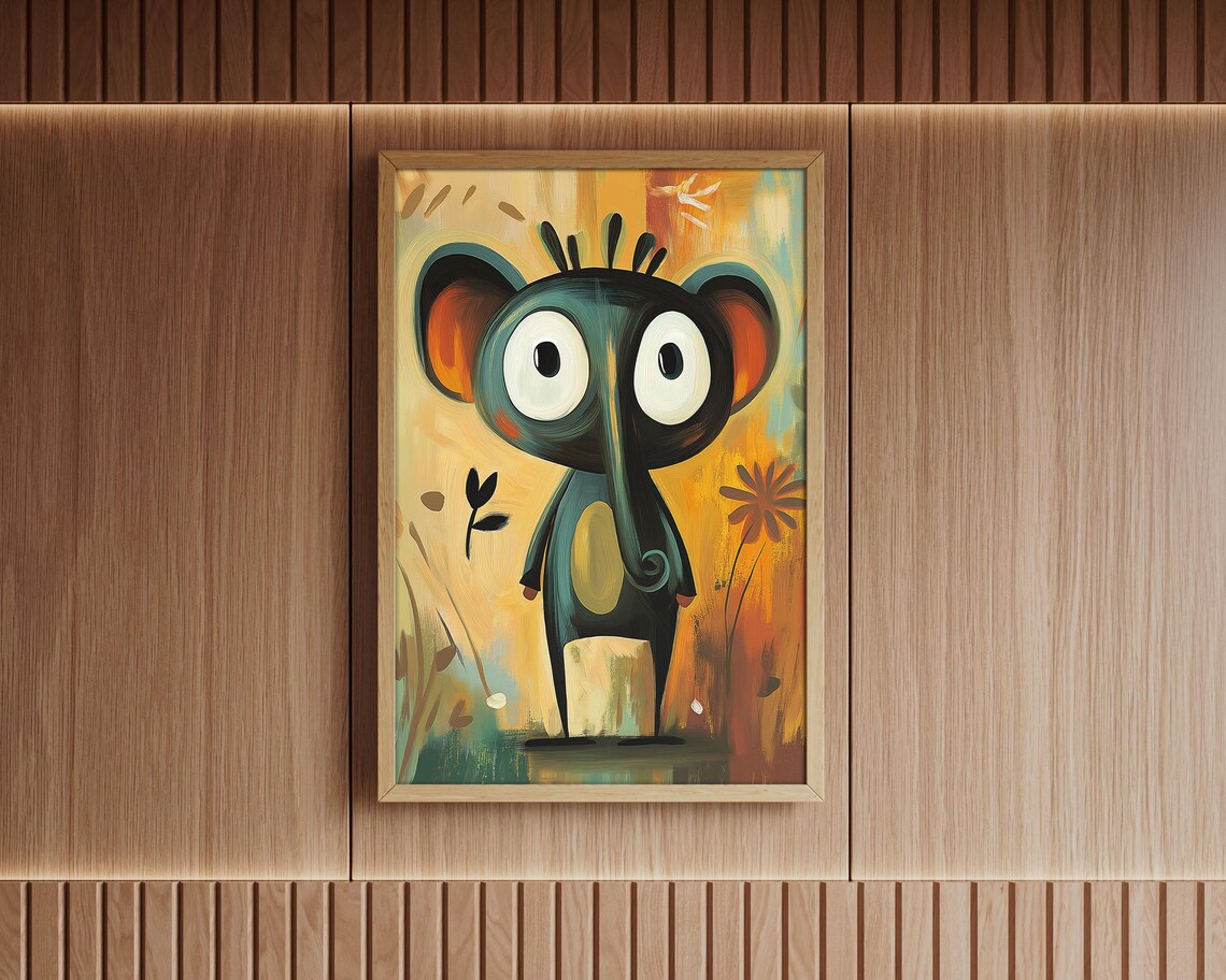 Quirky Big Eyed Elephant Whimsical Orange Oil Painting Animal Poster - Image 4