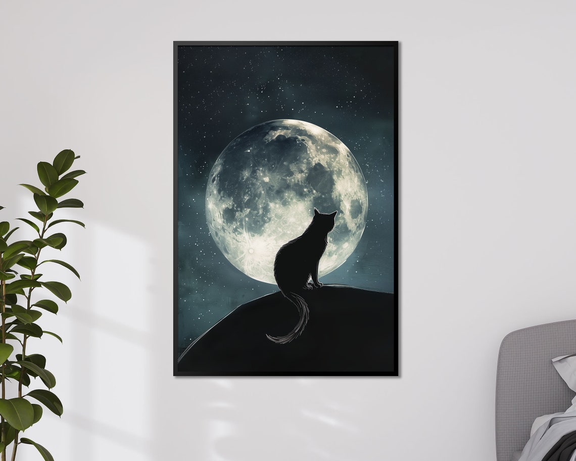 Black Cat Silhouette Under Full Moon Starry Night Celestial Art Print - Image 4