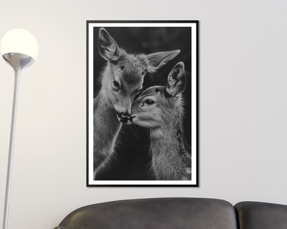 Tender Deer Pair Nuzzling Black And White Heartwarming Wildlife Art Poster